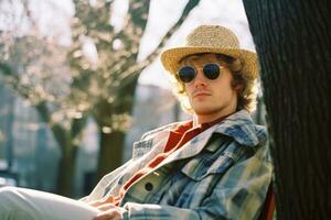 une Jeune homme portant une chapeau et des lunettes de soleil séance sur une parc banc génératif ai photo