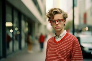 une Jeune homme portant des lunettes et une rouge chandail génératif ai photo