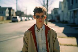 une Jeune homme portant des lunettes de soleil et une veste permanent sur une rue génératif ai photo