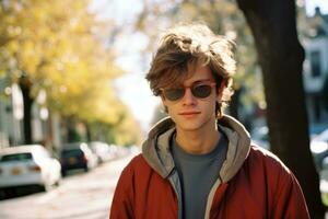 une Jeune homme portant des lunettes de soleil et une rouge veste permanent sur une rue génératif ai photo