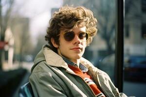 une Jeune homme avec frisé cheveux et des lunettes de soleil séance sur une banc génératif ai photo