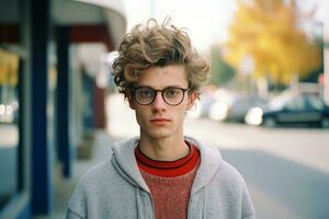 une Jeune homme avec des lunettes et une rouge chandail génératif ai photo