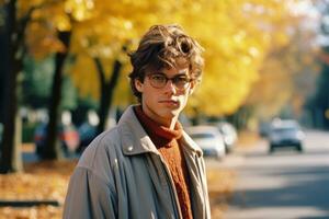 une Jeune homme avec des lunettes permanent dans le milieu de une rue génératif ai photo