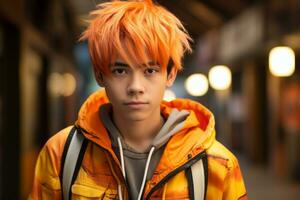 une Jeune homme avec Orange cheveux portant un Orange veste génératif ai photo