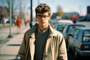 une Jeune homme avec des lunettes permanent sur le rue génératif ai photo