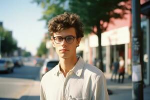 une Jeune homme avec des lunettes permanent sur une rue génératif ai photo