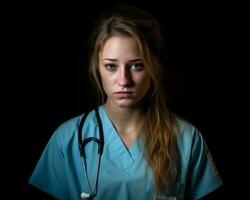 une Jeune femme dans gommages avec une stéthoscope génératif ai photo