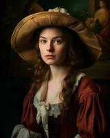 une Jeune femme portant une grand chapeau dans une portrait génératif ai photo