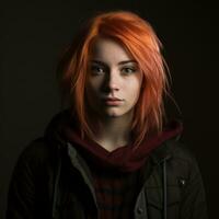 une Jeune femme avec brillant Orange cheveux génératif ai photo