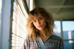 une Jeune femme avec blond cheveux permanent dans de face de une fenêtre génératif ai photo