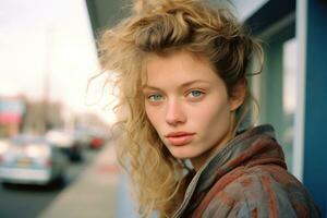 une Jeune femme avec frisé cheveux et bleu yeux génératif ai photo