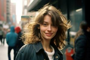 une Jeune femme avec frisé cheveux permanent dans le milieu de une ville rue génératif ai photo