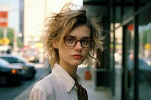 une Jeune femme avec des lunettes et une attacher permanent dans de face de une bâtiment génératif ai photo