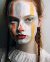 une Jeune femme avec peint visage et rouge cheveux génératif ai photo