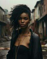 un africain américain femme dans une noir robe permanent dans un ruelle génératif ai photo