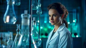 portrait de une femelle scientifique travail dans une laboratoire. femme est conduite expériences portant une scientifiques manteau. science et La technologie concept. photo