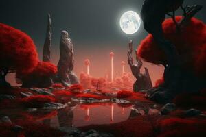 un extraterrestre paysage avec rouge des arbres et une plein lune génératif ai photo