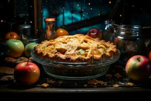 un Pomme tarte est assis sur une table entouré par pommes génératif ai photo