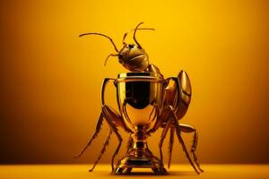 un fourmi est permanent sur Haut de une d'or trophée génératif ai photo