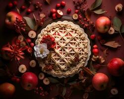 un Pomme tarte entouré par rouge pommes et baies génératif ai photo