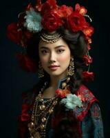 un asiatique femme dans traditionnel Vêtements avec rouge fleurs sur sa tête génératif ai photo