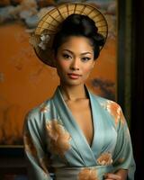 un asiatique femme portant une kimono et chapeau génératif ai photo