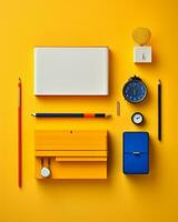 un assortiment de Bureau Provisions sur une Jaune Contexte génératif ai photo