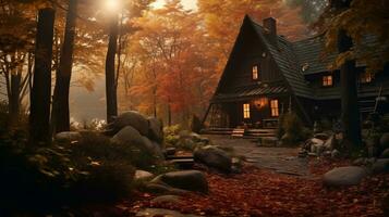 un l'automne scène avec une maison dans le les bois génératif ai photo