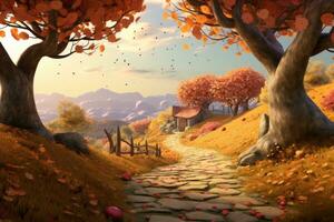 un l'automne scène avec des arbres et une chemin de premier plan à une maison génératif ai photo