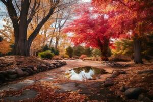 un l'automne scène avec des arbres et une ruisseau génératif ai photo