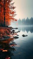 un l'automne scène avec des arbres et l'eau dans le brouillard génératif ai photo
