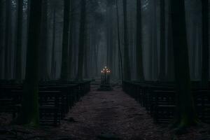 un vide église dans le milieu de une foncé forêt génératif ai photo