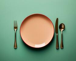 un vide assiette avec une fourchette cuillère et couteau sur une vert Contexte génératif ai photo