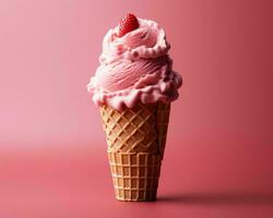 un la glace crème cône avec rose la glace crème sur une rose Contexte génératif ai photo