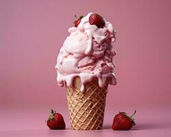 un la glace crème cône avec rose la glace crème et des fraises sur une rose Contexte génératif ai photo