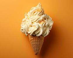 un la glace crème cône avec fouetté crème sur un Orange Contexte génératif ai photo