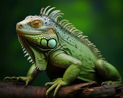 un iguane est séance sur Haut de une branche génératif ai photo