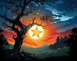 un illustration de une arbre avec une étoile dans le ciel génératif ai photo