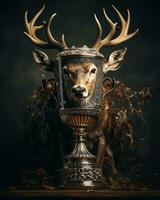 un image de une cerf avec bois dans de face de une trophée génératif ai photo