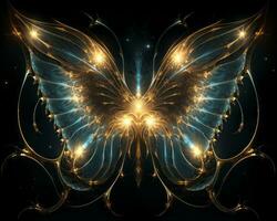 un image de une d'or papillon sur une noir Contexte génératif ai photo