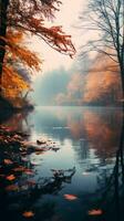 un image de une Lac dans le milieu de un l'automne forêt génératif ai photo