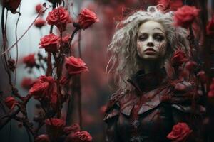 un image de une femme avec blanc cheveux entouré par rouge des roses génératif ai photo