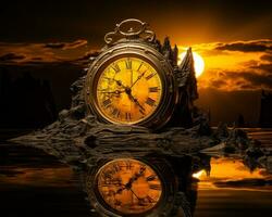 un vieux l'horloge séance sur Haut de une Roche à le coucher du soleil génératif ai photo