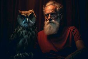 un vieux homme avec une barbe séance suivant à un hibou génératif ai photo