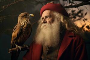 un vieux homme dans une rouge chapeau et barbe est en portant un Aigle génératif ai photo