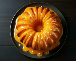 un Orange bundt gâteau est assis sur une noir assiette génératif ai photo