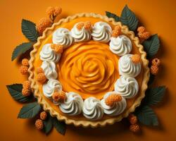 un Orange tarte avec fouetté crème et framboises sur un Orange Contexte génératif ai photo
