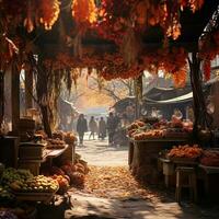 un Extérieur marché avec beaucoup de fruit et des légumes génératif ai photo