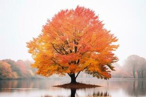 l'automne arbre sur Lac avec brouillard et réflexion génératif ai photo