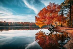 l'automne des arbres sur le rive de une Lac génératif ai photo